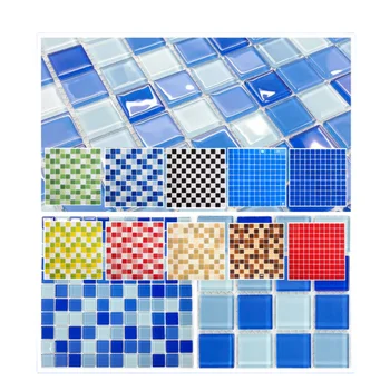 Hot sale green iridescent mixed blue color glossy crystal glass swimming pool mosaic tiles