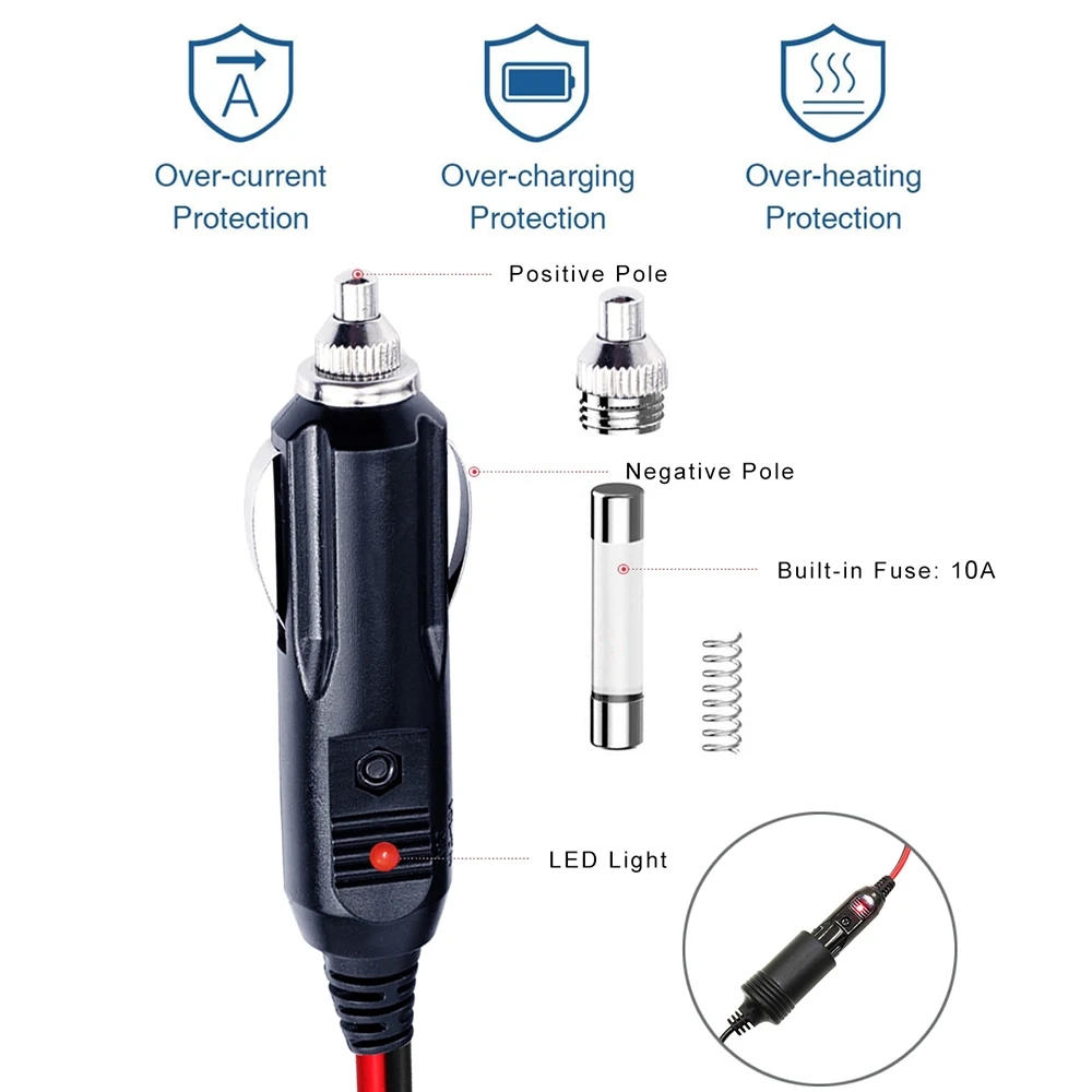 Cigar Power Adapter Charger with Dc 3a 12 Volt 2 Separate Fused Straight Type Auto Cables 12v Car Cigarette Lighter Plug for Car