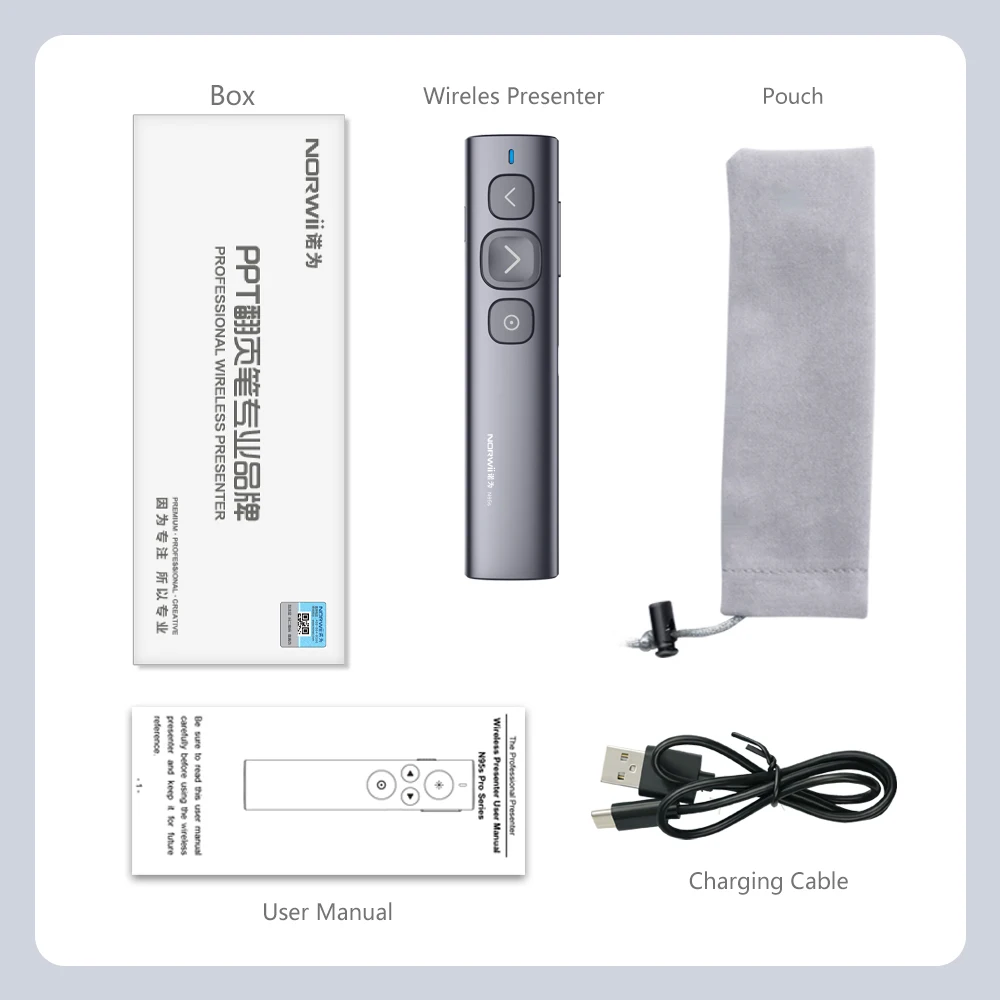 Présentateur Laser Rechargeable NORWII N95s Pro – Pointeur Numérique, Souris Air, Timer, Loupe, Highlight