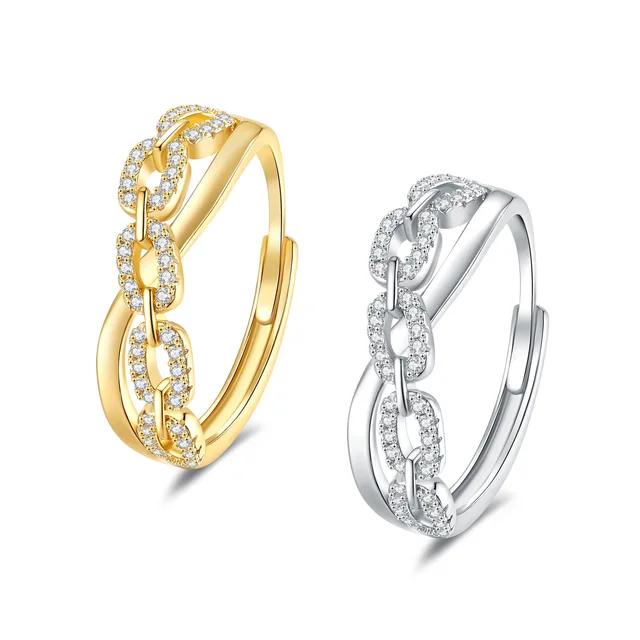 18K Gold Plated Inlaid Zircon Chain Shaped Ring Unique Fashion Jewelry Resizable  High Quality Rings