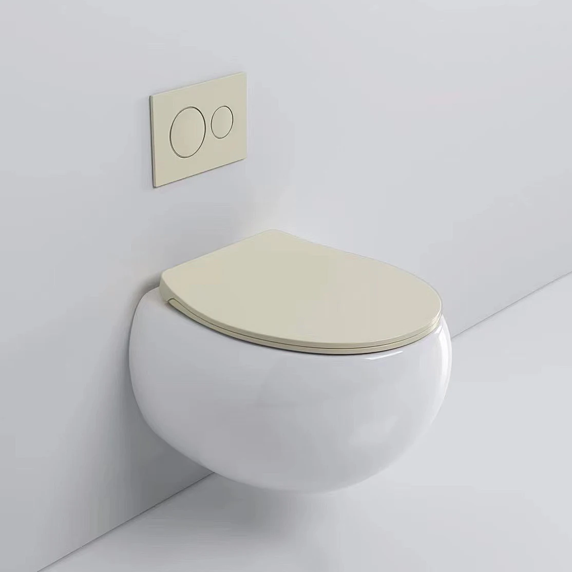 Top quality ceramic toilette khaki white color mounted toilet wall hung round rimless sanitary wc toilets set bathroom details