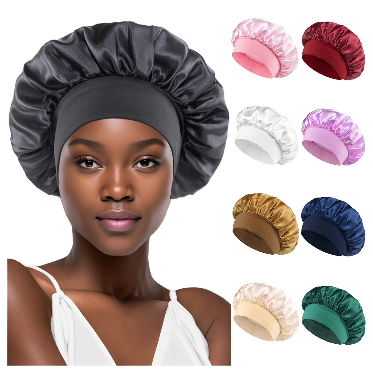 Custom Classic Solid Color Shower Cap Satin Wide Brimmed Sleeping Hat