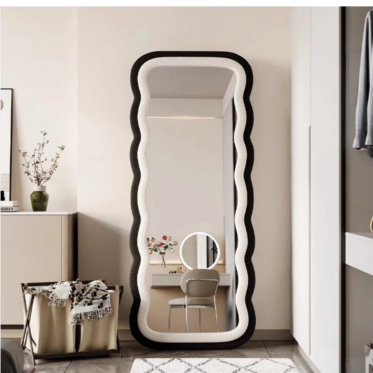 Großer Wandspiegel aus Flanell, Unregelmäßiger Teddy-Wellenform-Standspiegel für Schlafzimmer, Ankleidespiegel, Langer Wellenspiegel in voller Länge| Alibaba.com