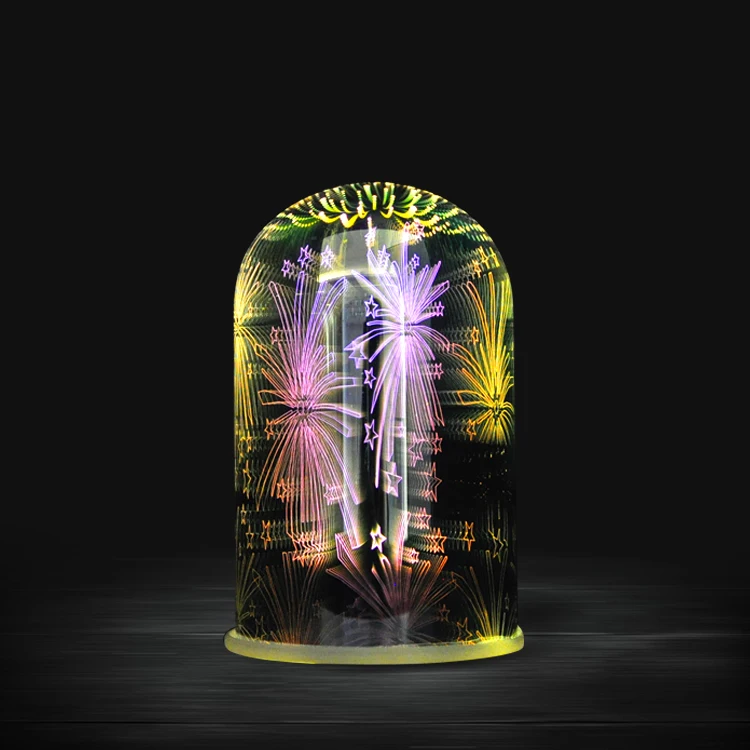 Wholesale custom small decorative 3D fireworks christmas glass bell jar cloche dome with led lights