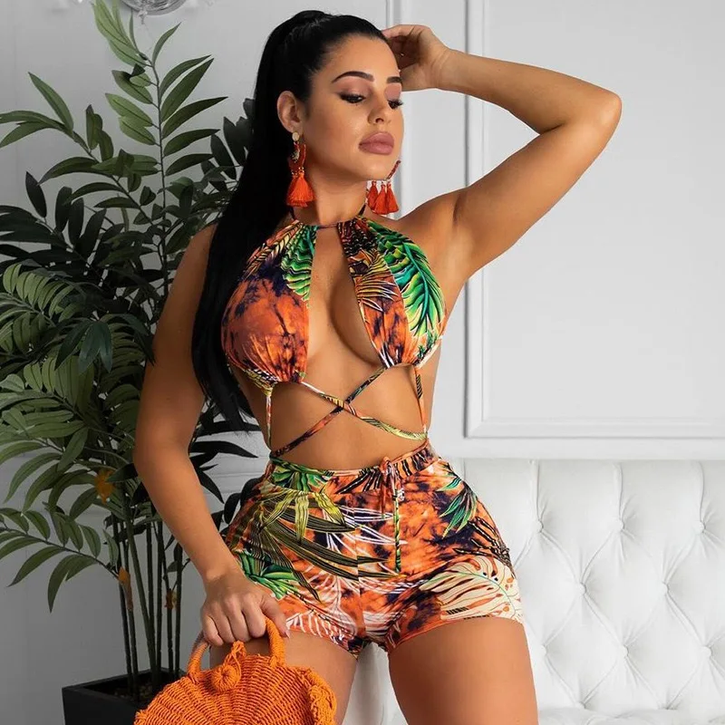 Shop African Print Style Swim Shorts High Waist Bikini