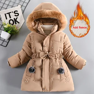Customized Winter Girls' Long Breathable New Nail Bead Plush Thickened Waist Hair Collar Hooded Windproof Warm Clothes for Kids