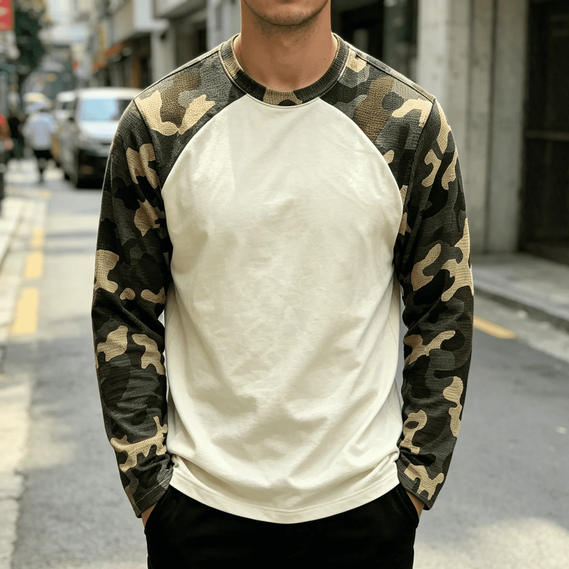 Clothing Manufacturers Custom Embroidery Colorblock Waffle Camo Long Sleeve T Shirt Men Boxy Fit Vintage gallery 4
