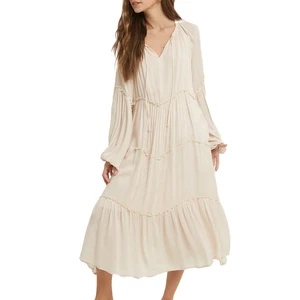 Custom Spring V Neck Long Sleeve Women Over-sized Tiered Dress