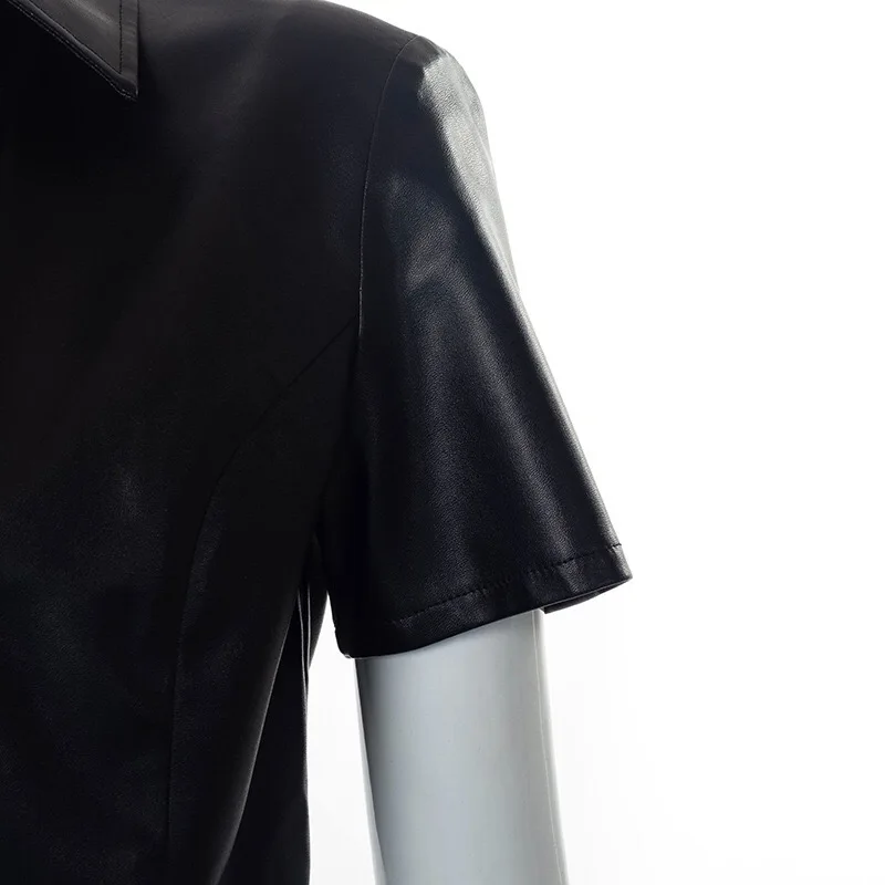 Black PU Leather Button Up Short Sleeve Crop Top T Shirt Women Fashion 2021 Streetwear Vintage Clothes