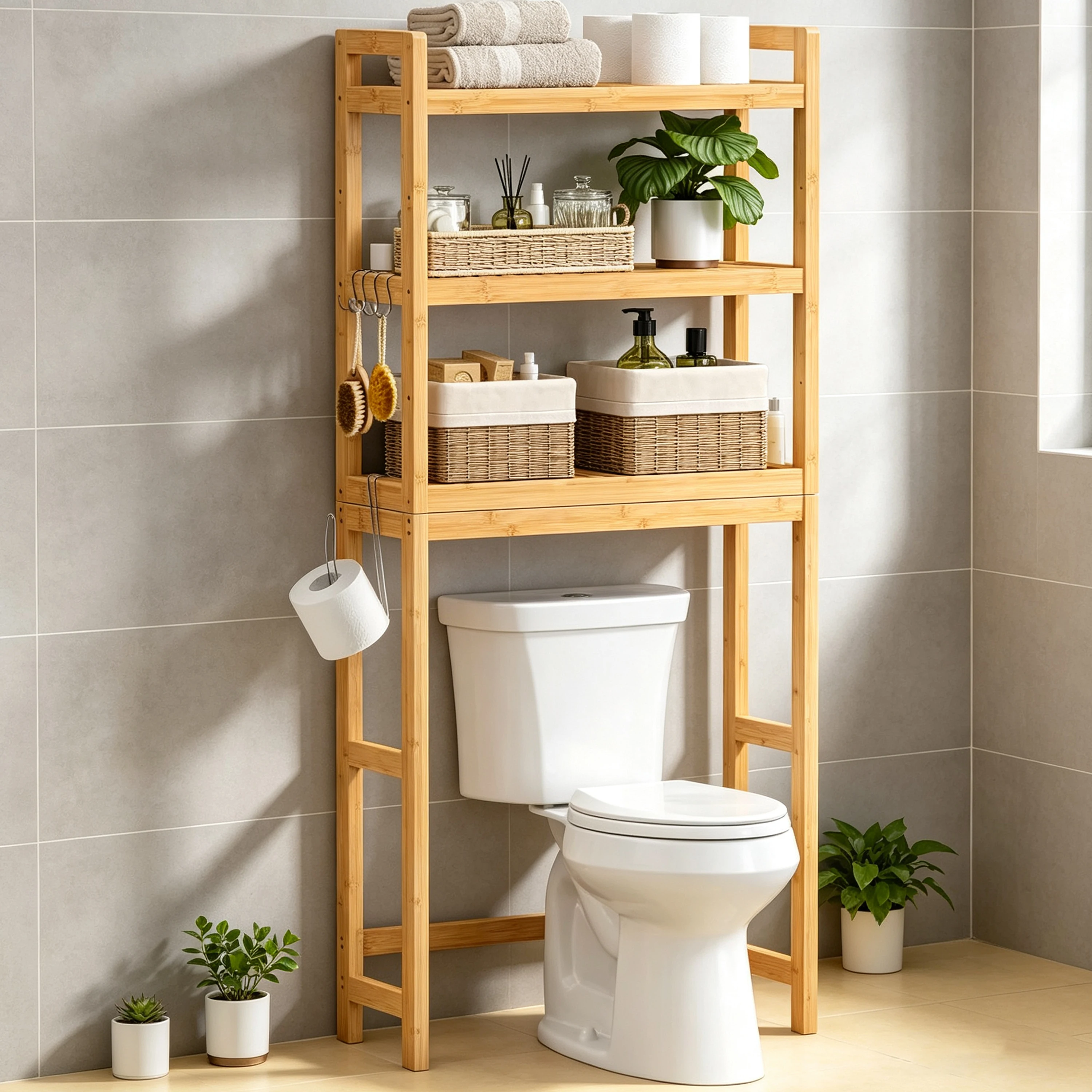 Bamboo Toilet Storage Rack Space-Saving Over Toilet Shelf Bathroom Space Saving Organizer Home Bathroom Accessory Holder