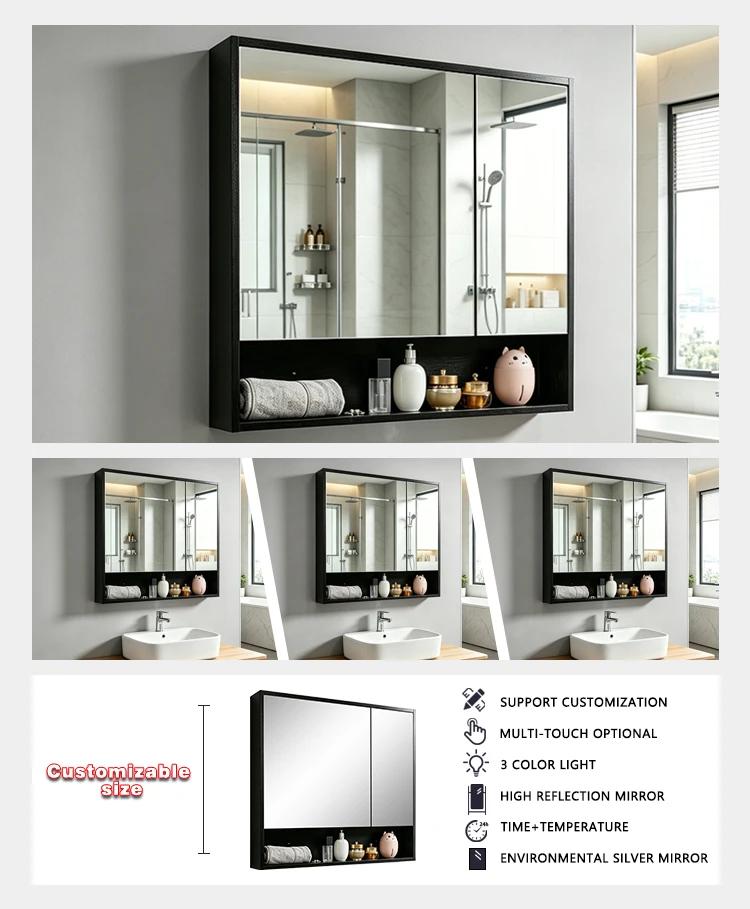 product aluminum bathroom cabinet smart mirror wall mounted bathroom cabinet vanity black bathroom cabinet with glass shelf for hotel-4
