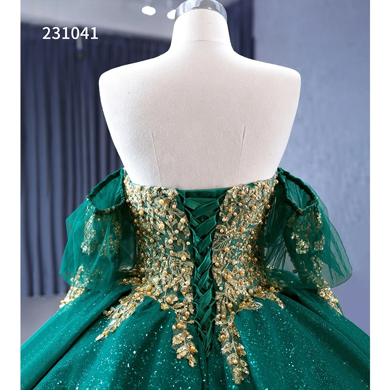 Wholesale Women Royal Emerald Green Gold Embroidery Prom Gown Long Off  Shoulder Sparkly Beading Quinceanera Dresses Teenagers