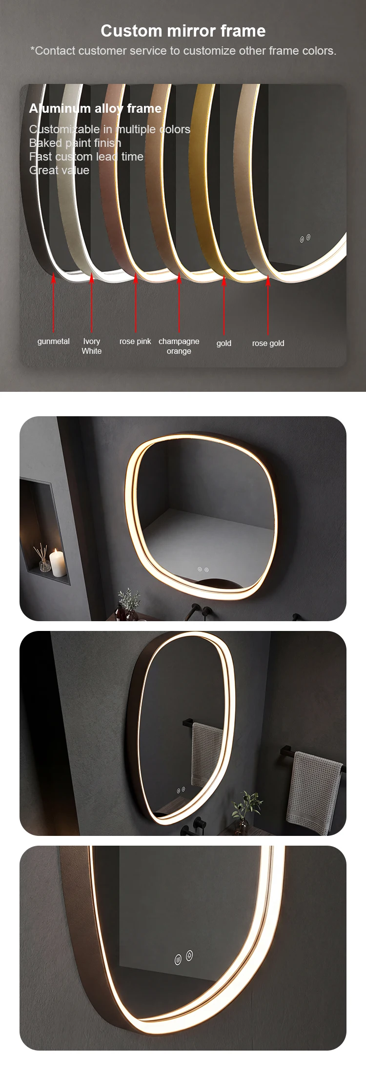 Aluminum Frame Smart Mirror Anti-fog Backlit LED Mirror with Temp Display for Luxury Hotel