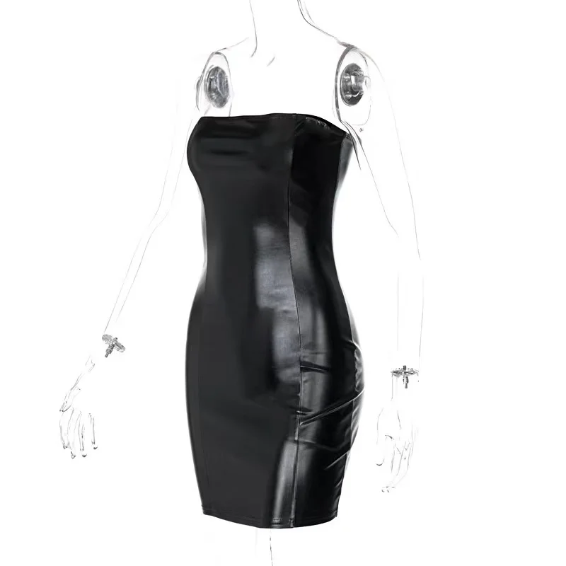 R03008 Women Fashion Fit Off Shoulder Sleeveless Bodycon Black Leather ...