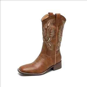 2026 New Designer New Thick Heel V-neck Embroidered Slip-On Knight Boots Retro Square Western Cowboy Boots