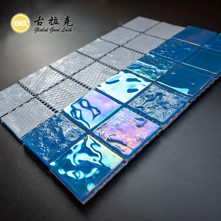 Cheap wholesale green white pink blue iridescent crystal glass swimming pool mosaic tile use for Bathroom outdoor floor and wall