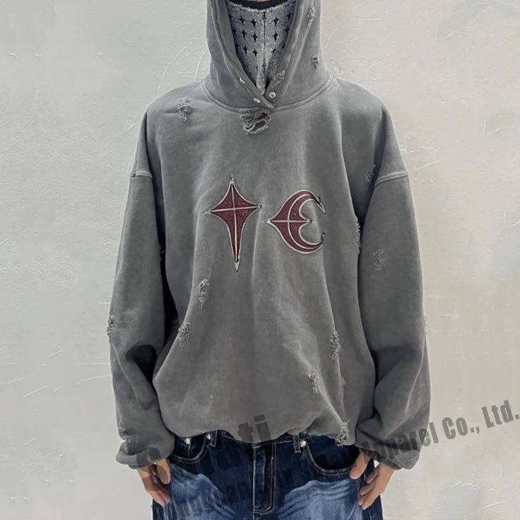 Men's Sun Faded Hoodies Drawstring Hem Ripped Cotton French Terry Screen Printed Disstressed Vintage Acid Wash Hoodies Custom gallery 3