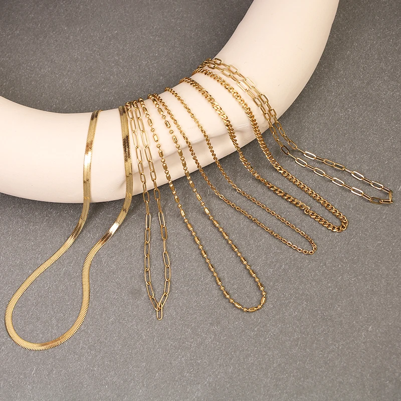 Wholesale 18K Gold Plated Minimalist Jewelry Chain Necklace Custom Gold Carat Paper Clip Chain Cross Snake Flat Classic