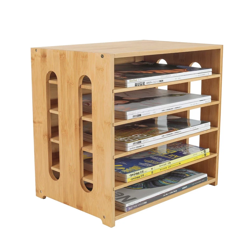 Freestanding Bamboo Small Bookshelf Desktop File Organizer 5 Tier Wood Desk Organizer Paper File Holder for Home and Office