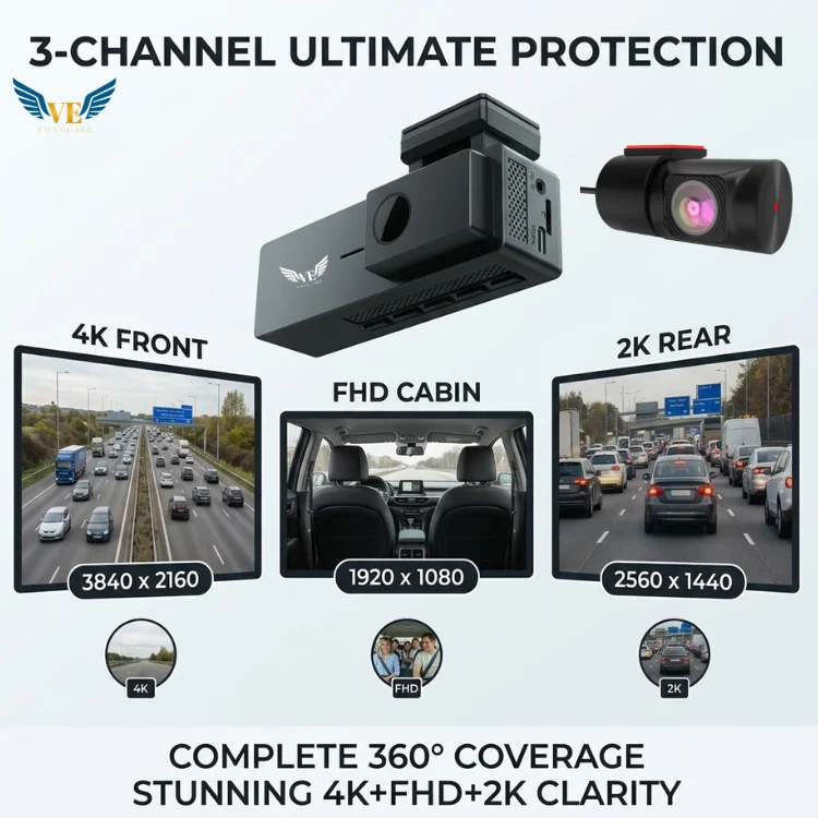 VIEVGUARB GT807 Dash Cam Waterproof Night Vision G-Sensor Loop Recording App Control 4K WiFi GPS Parking Monitor 3 Channel