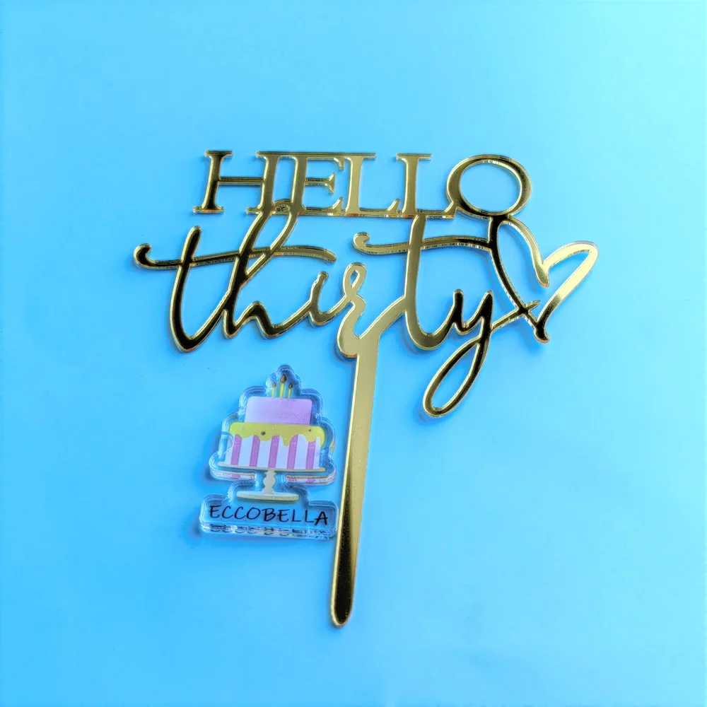 Hello Thirty Custom Number Acrylic Cake Topper for Birthday Cake Decorating
