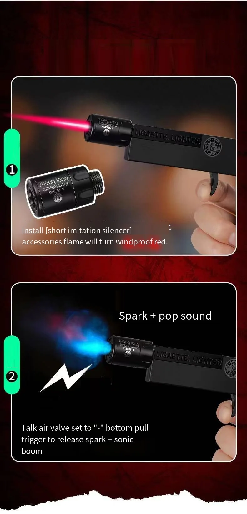 Foldable Pistol 9mm Gun Lighter 10 Pcs Cigarette Case Jet Flame