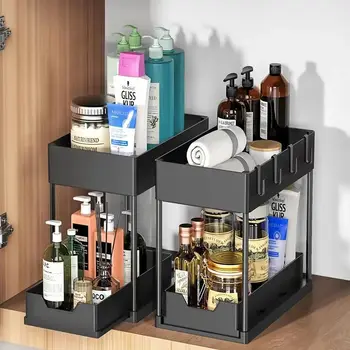 Double-Tier Plastic Simple Multi-Functional Kitchen Organizer Pull-Out Sink Storage Rack for Home Use