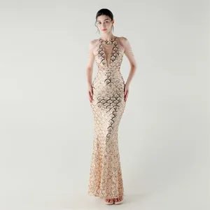 2025 New Women's High-neck Draping Mermaid Dress, Exquisite Chain and Sequin Embellished Evening Gown