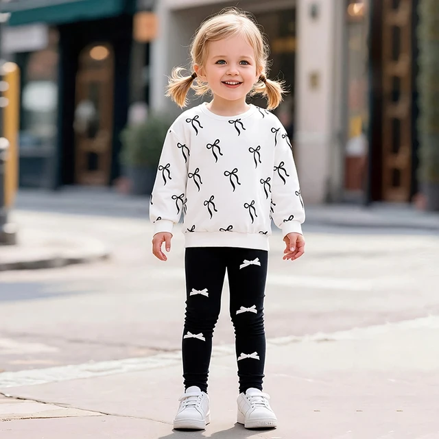 Children Girls Clothing Set Long Sleeve White Sweatshirt Bowknot Pattern and Leggings Sweet Outfit for 2-7Y