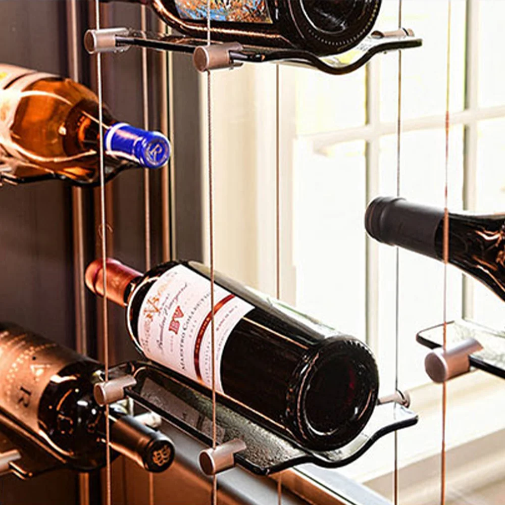 Customized Display Floating Cable Wine Rack  with clear Glass Cradles and Silver Clips Wine Bottle Rack Display Wine Storage