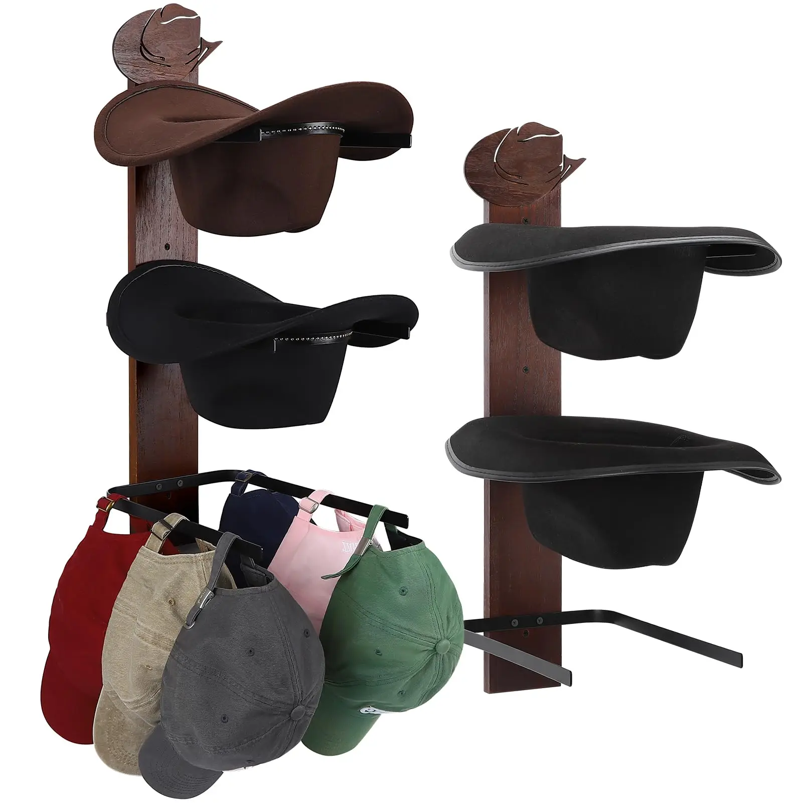 2-piece Wooden Cowboy Hat Rack Wall-Mounted Hat Organizer for Western Hats & Baseball Caps Hat Hanger Cap Rack