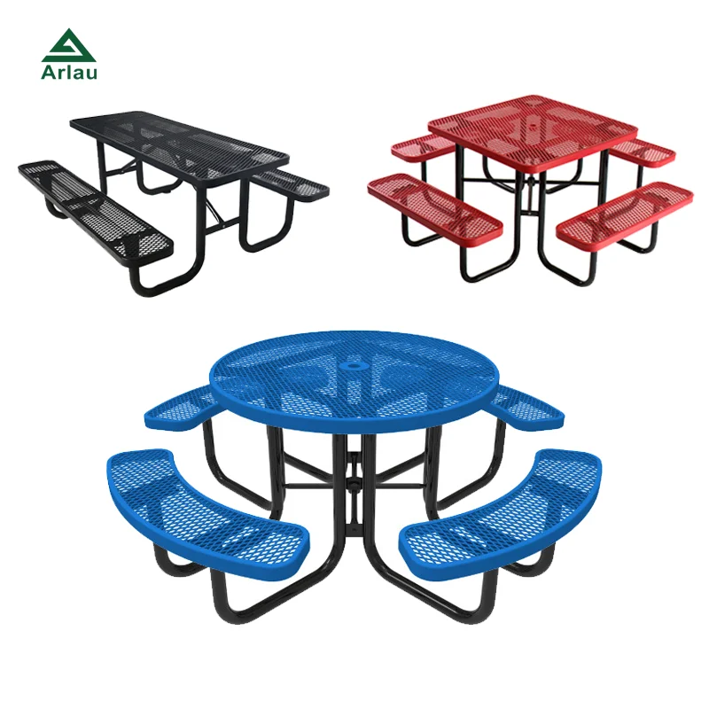 Outdoor Heavy Duty Expanded Metal Round Commercial Picnic Table with Benches Outside Patio Furniture Steel Dining Table Chair