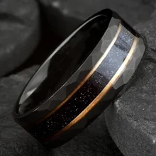 Fashion Jewelry New Design Black Gold Plated Faceted Tungsten Carbide Ring Blue Sandstone Wedding Band