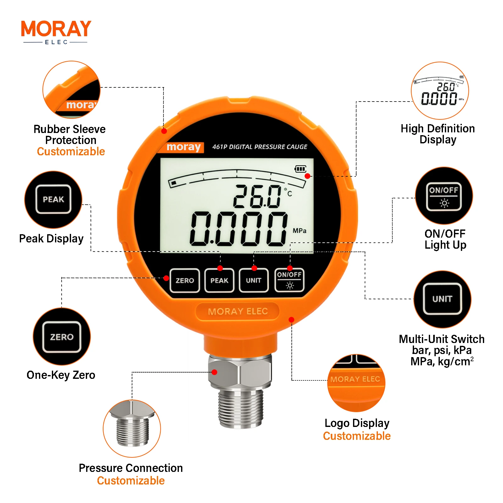 MORAY ME461P Rubber Protector Dustproof Accuracy 0.5%FS Diaphragm LCD Hydraulic Pressure Gauge Set Fuel Manometer