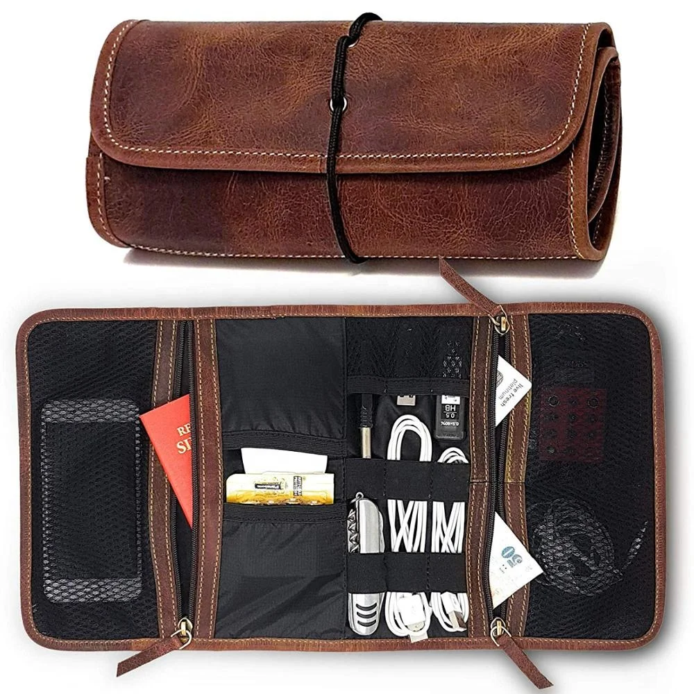 Leather Travel Electronics Organizer Bag for Cables Small Gadgets Digital Storage Carrying Case Pouch