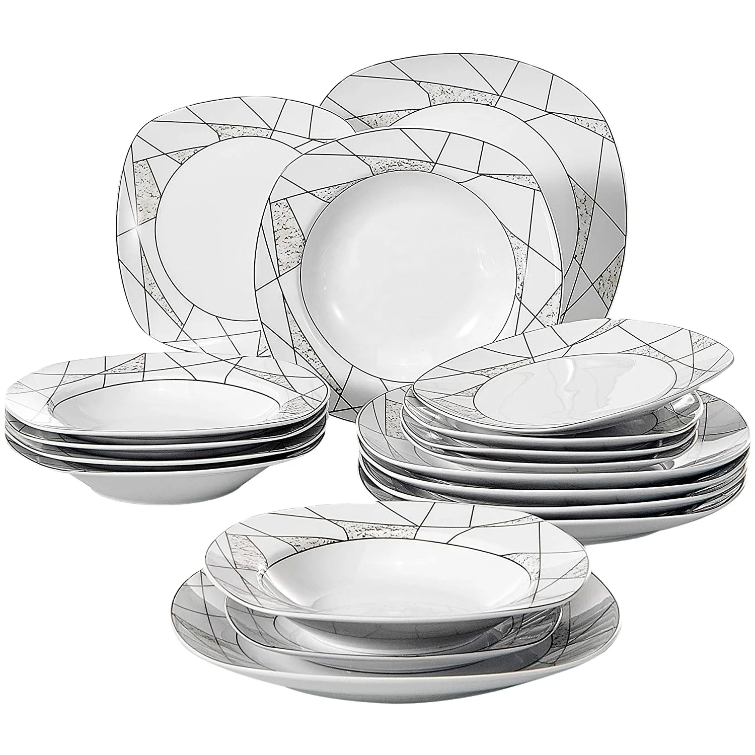 19pcs Square Shape Customized Restaurant Hotel European Fine White China Ceramic Crockery Porcelain Dinnerware Tableware Sets