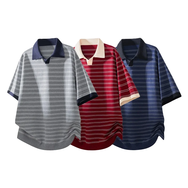 Men's striped knit shirt, casual style, 100% viscose, contrasting collar, short-sleeved T-shirt design, regular length. Available now.