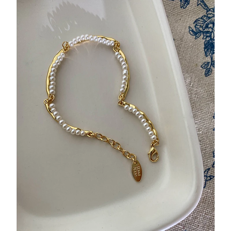 Brass 18k Gold Plated Mix Chain Beaded Pearl Bracelet Double Layered