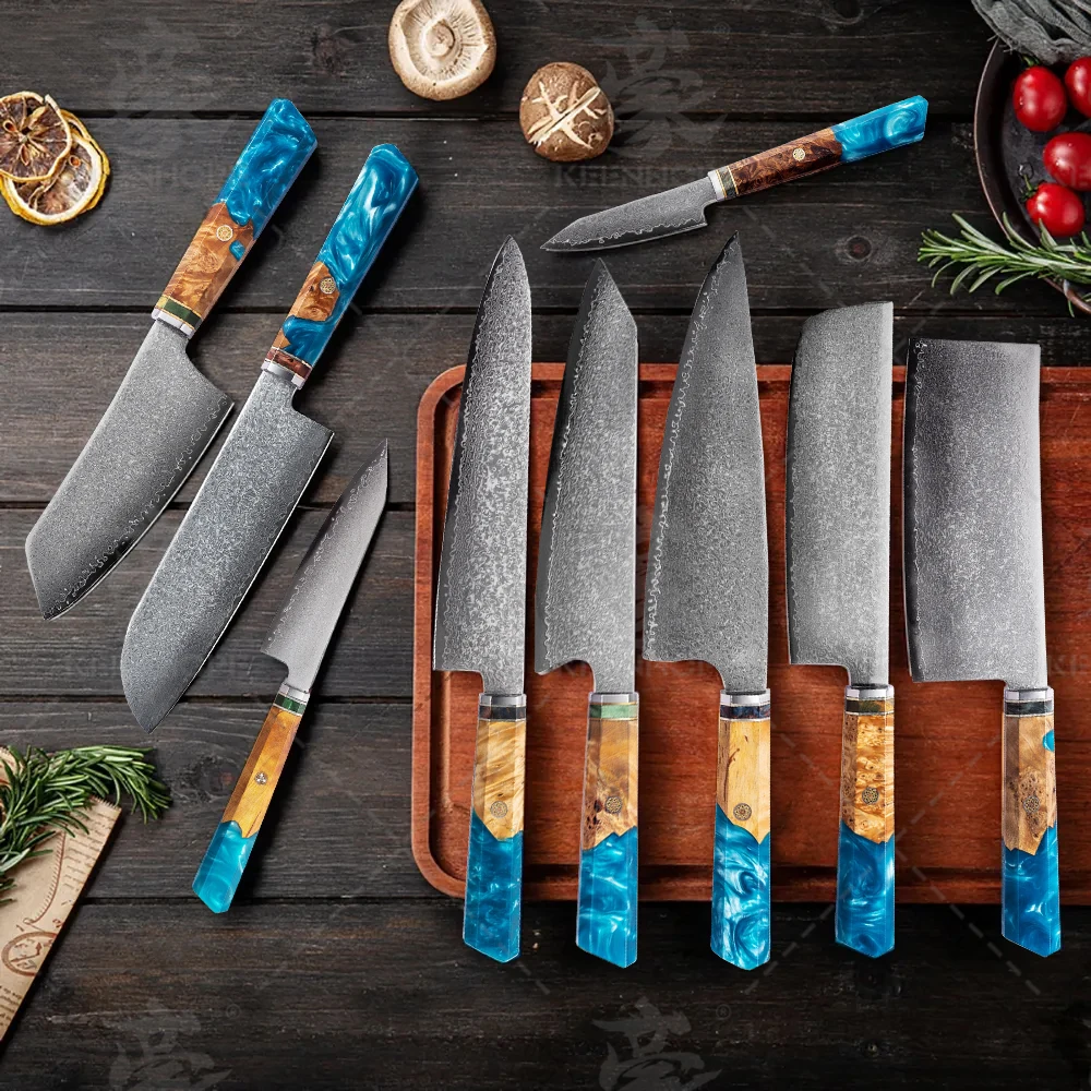 KEENHOPE Professional Kitchen Knife Set 9Pcs Damascus 67 Layers VG10 Composited Resin Stainless Steel Blade with Blue Maple Burl