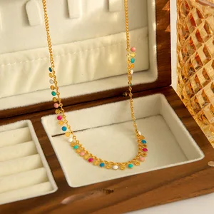 MW Women's European and American Style Fashion 18K Gold-Plated Stainless Steel Necklace with Colored Enamel Fringes