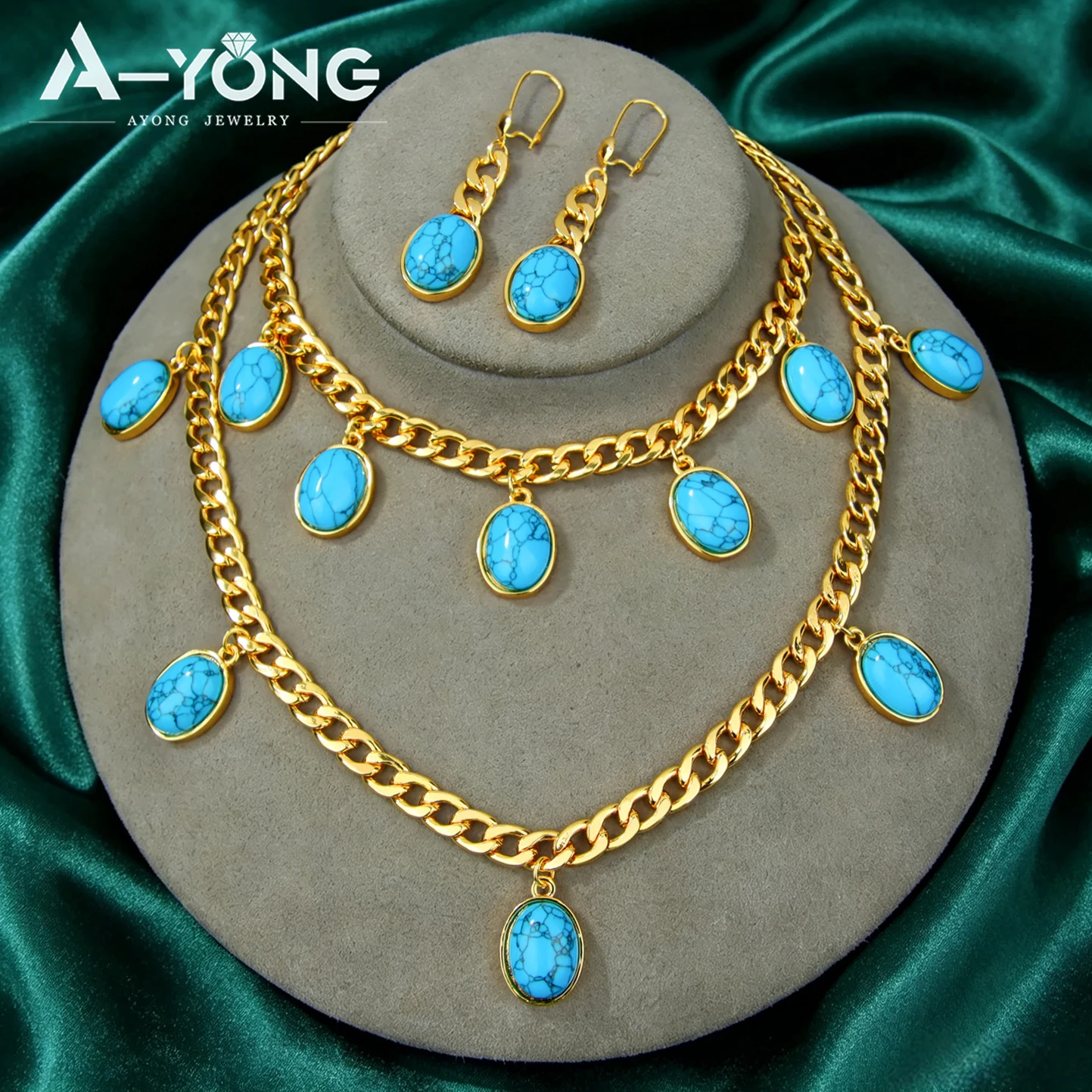 Fashion Style Charm Jewelry Set Blue 18k Gold Plated Jewelry Sets With Turquoise Stones