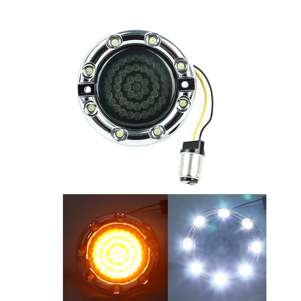 Chrome 3-1/4 Flat LED 1157 Amber White with Fire Ring LED Turn Signal Light Inserts For Motorcycle