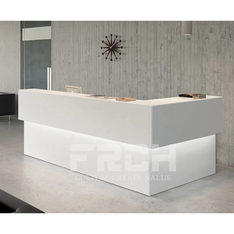 Custom L Shape Design Front Desk White Modern Led Salon Hotel Office Clinic Reception Table Counter
