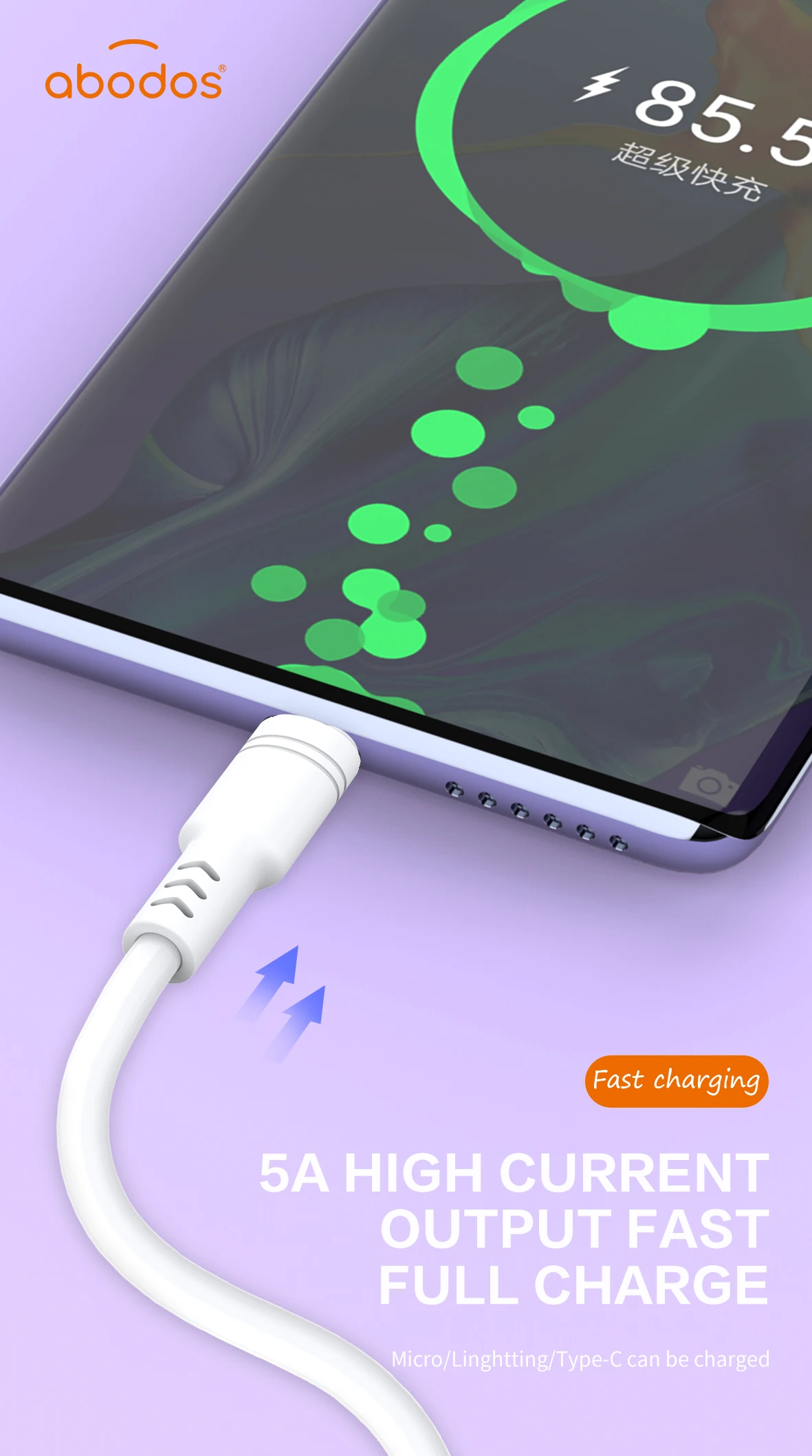 Abodos Brand 5A Fast Charge 30cm USB Data Cable for iPhone Power Bank Computer