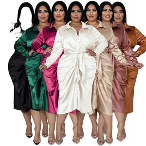 Customize Fall New Arrival Plus Size Empire Waist Straight Silhouette Casual Reflective Satin Silk Pleated Tie Shirt Dress