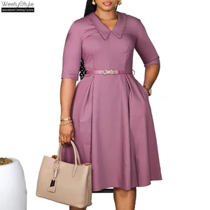 New Arrival Women's Summer Midi Dresses Elegant Half Sleeve V-neck Solid Natural Waist Beading Office Casual Formal Spring