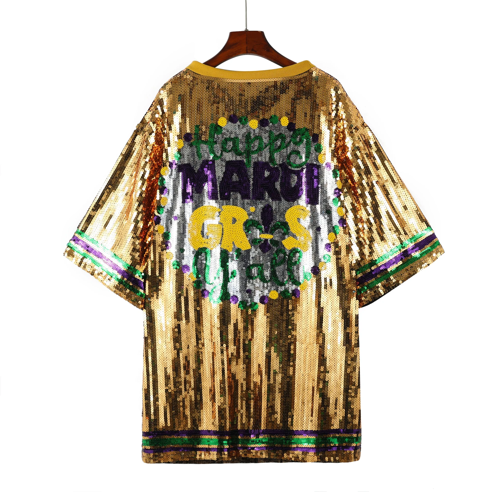 Women Mardi Gras Apparel Purple Yellow Green Sequin Casual T Shirt for  Party Holiday Party Dress