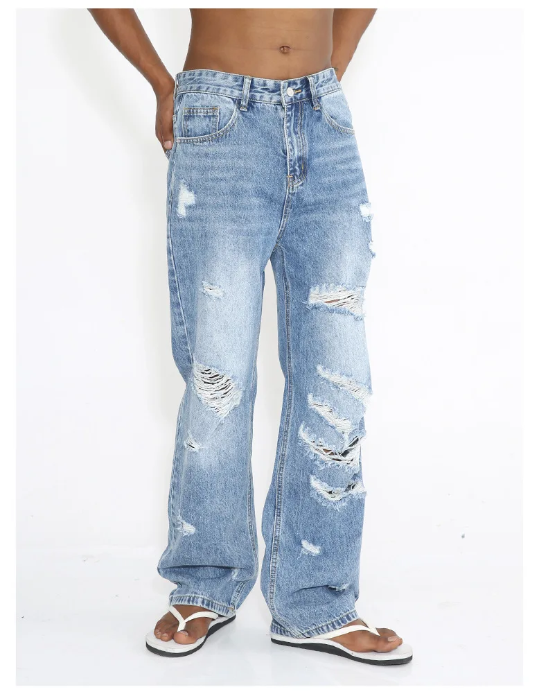 2024 Designer Denim zerstört gewaschen hellblau Mode zerrissene Männer Jeans_voghion.com
