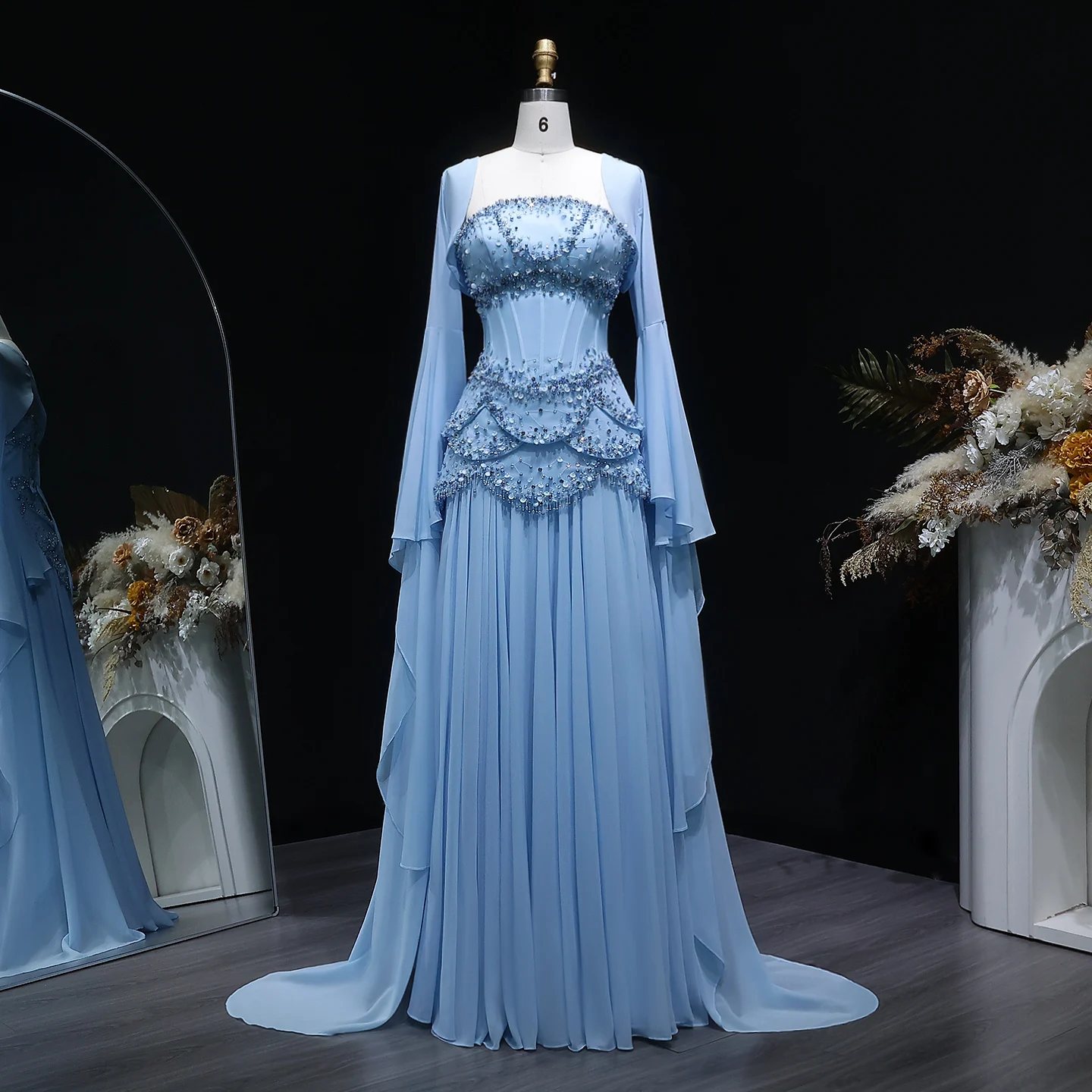 Sharon Said SS286 Luxury Pearls Tassel Blue Evening Dress Sharon Said SS286 Luxury Pearls Tassel Blue Evening Dress