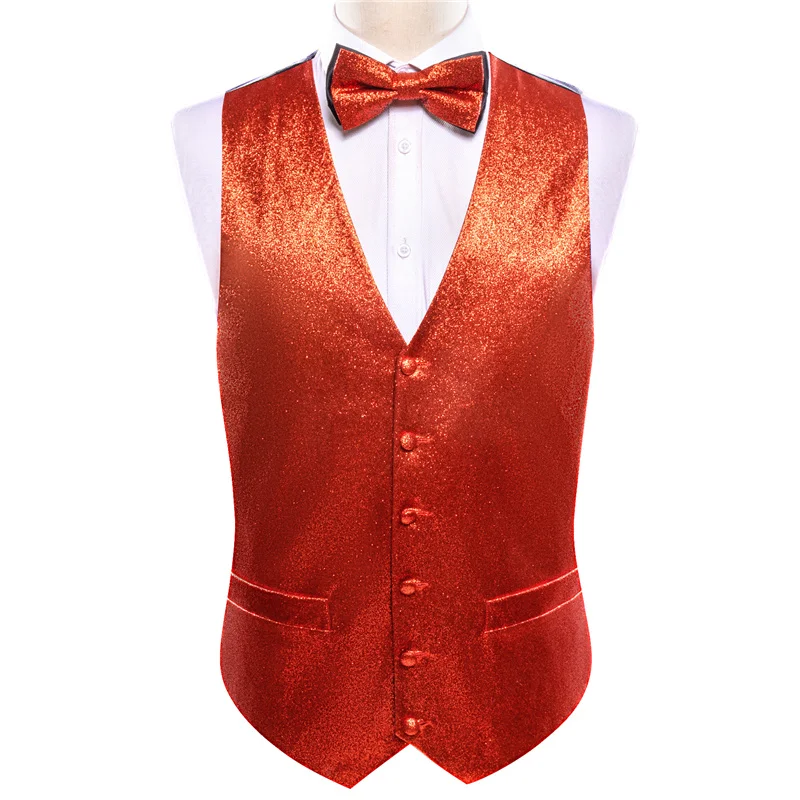 Hot Sale Shining Red Glitter Solid Jacquard Silk Men's Vest Bow Tie Set  Waistcoat Suit Set for Christmas